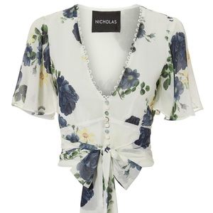 NICHOLAS Floral Print Crop Top - Blue and White